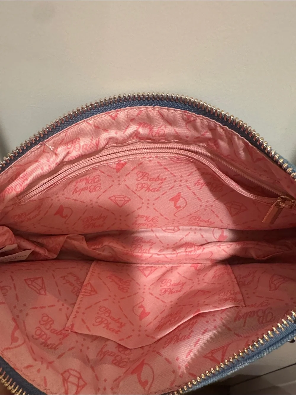 Baby Phat Denim Monogram Chain Charm Shoulder Bag in Blue